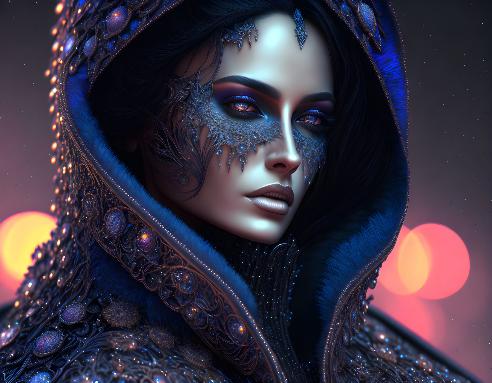 Illustrated portrait of woman with blue skin and silver facial adornments and dark cloak.