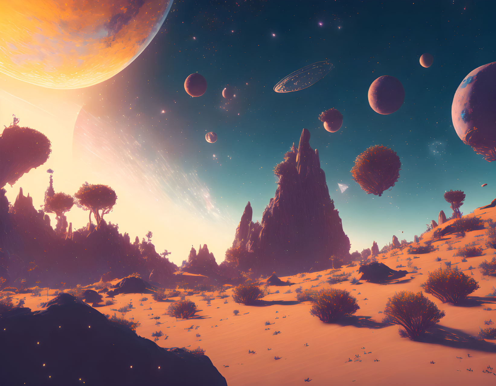 Vivid sci-fi landscape with desert, exotic flora, floating rocks, and multiple planets