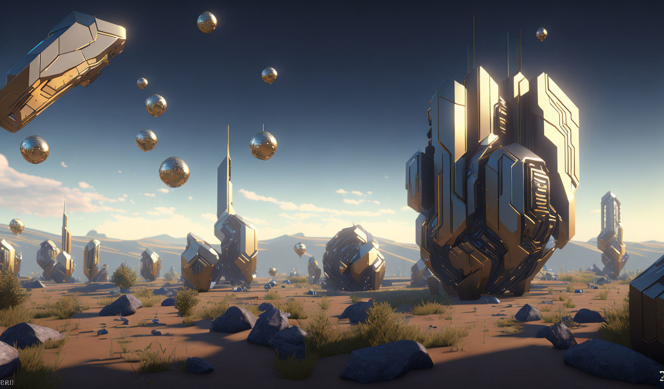 Advanced structures in futuristic desert with floating spheres and descending spaceship