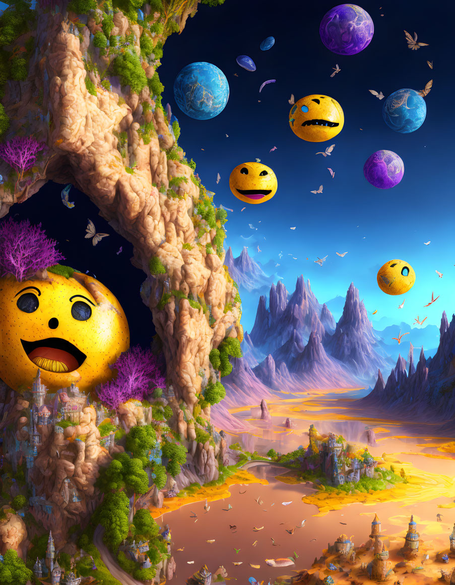 Fantastical landscape with emoji-faced planets, vibrant castle, mountains, and lush greenery