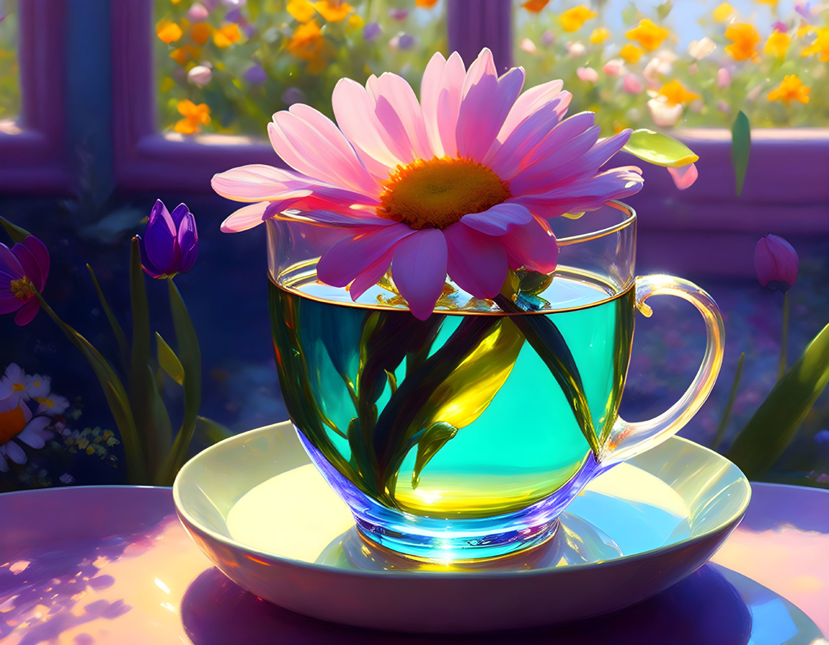 Pink flower in blue liquid teacup on sunny backdrop