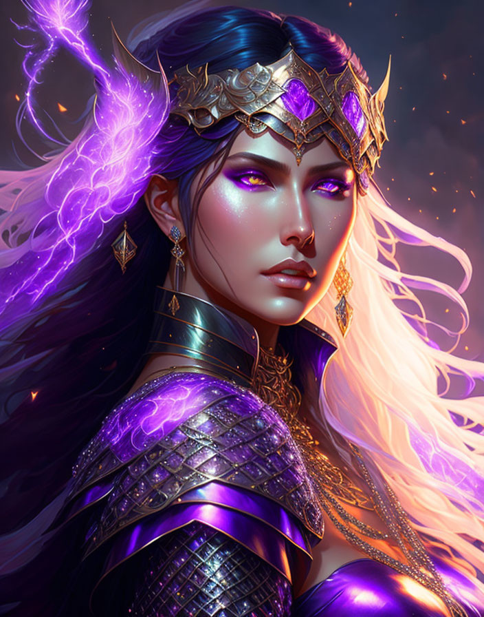 Fantasy character with purple eyes, golden crown, and armor in magical aura