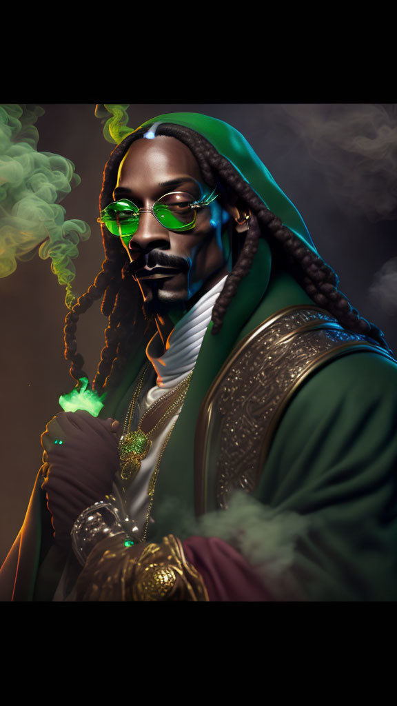 Stylized portrait of man with braids in green attire and sunglasses