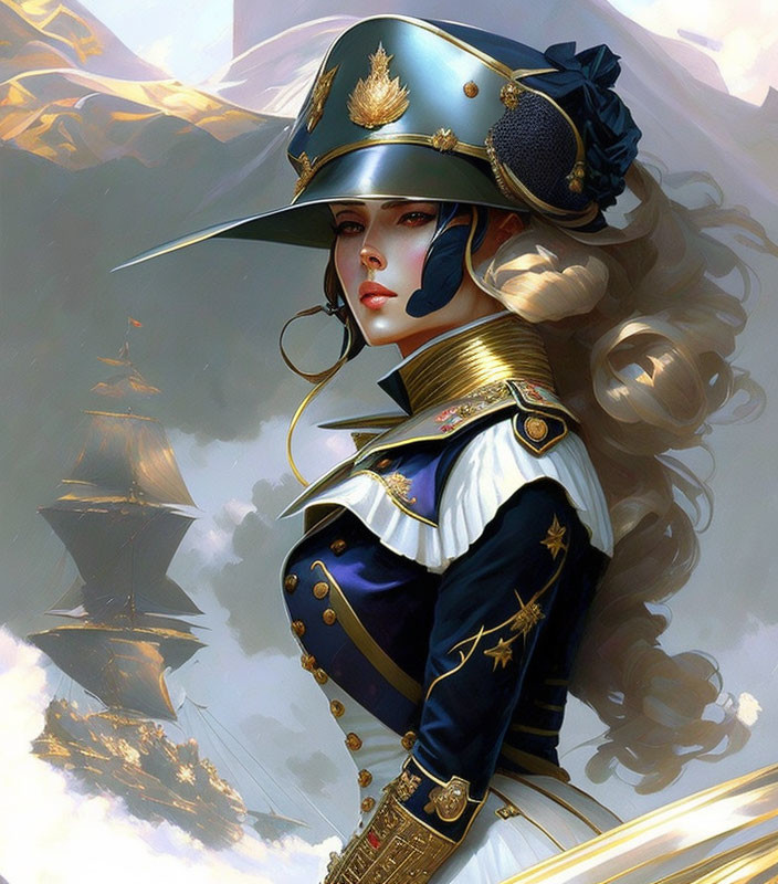 Digital artwork featuring woman in navy and gold military uniform against ships and mountains