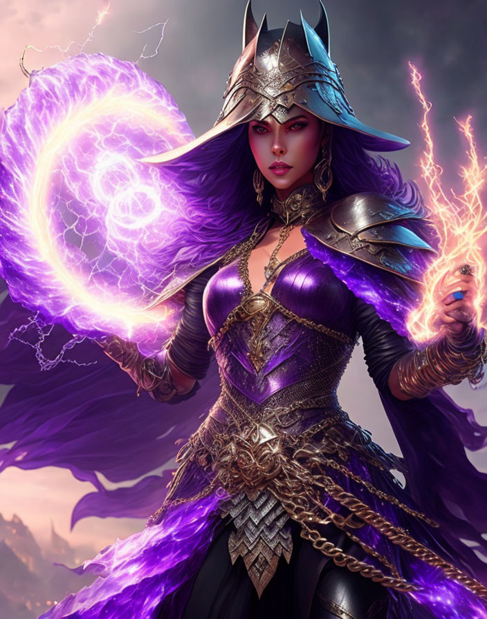 Female warrior in winged helmet summons energy shield and lightning in ornate armor.