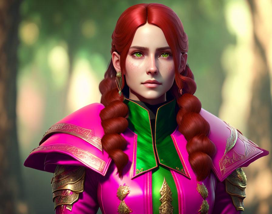 Red-Haired Female Character in Pink and Green Armor on Forest Background