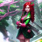 Illustration of woman with red hair in green and pink outfit in snowy landscape