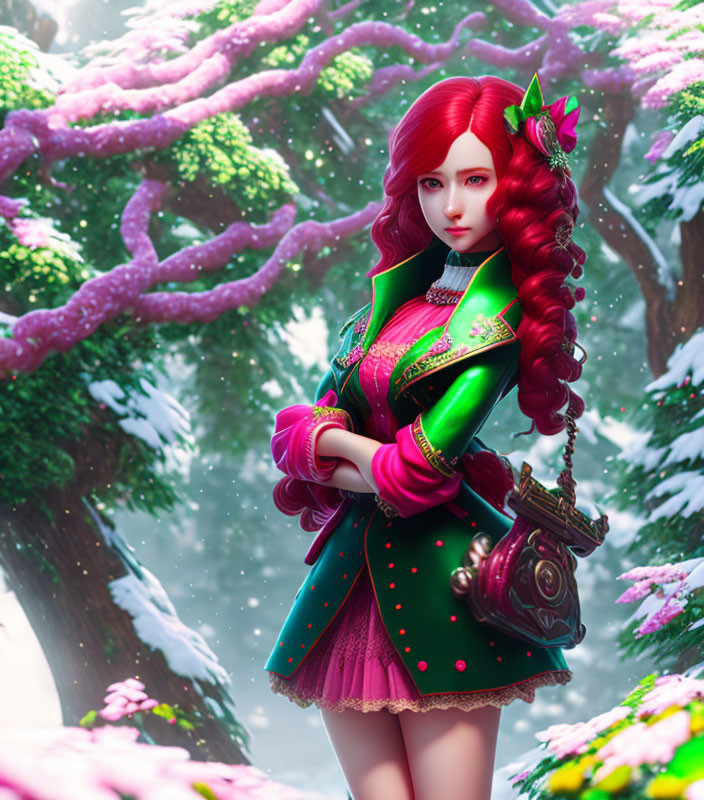 Illustration of woman with red hair in green and pink outfit in snowy landscape