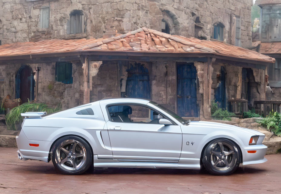 Silver Ford Mustang with Racing Stripes Parked in Front of Stone Building