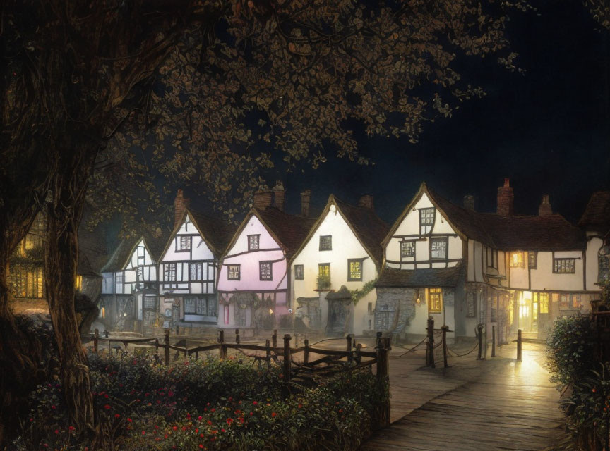 Quaint Village Night Scene with Half-Timbered Houses and Wooden Bridge