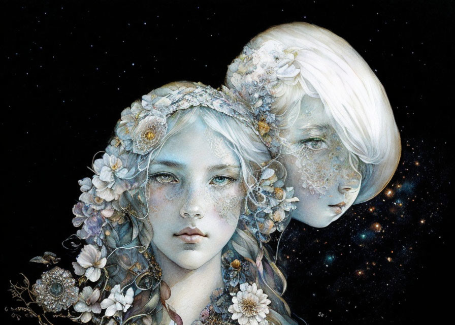 Ethereal illustration of serene faces with floral ornaments on dark starry background