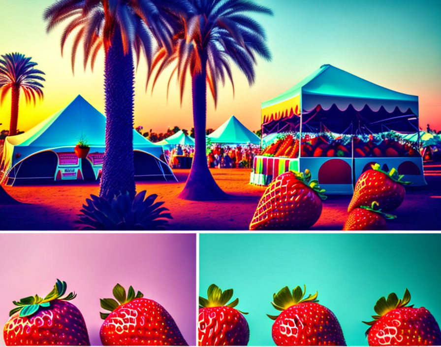 Colorful Outdoor Festival Scene with Tents, Palm Trees, and Oversized Strawberries on Gradient Sunset