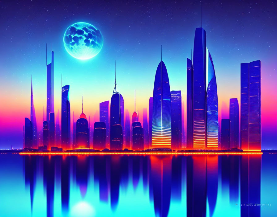 Futuristic city skyline with neon-lit skyscrapers under a large moon reflected in water against