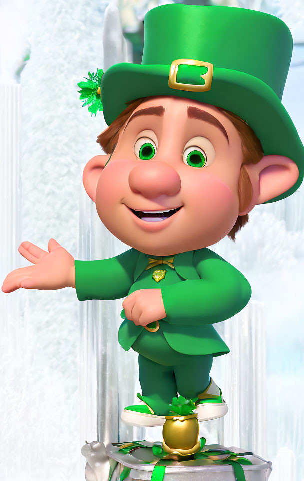 Cheerful animated leprechaun in green suit and hat with clover, gold pot,