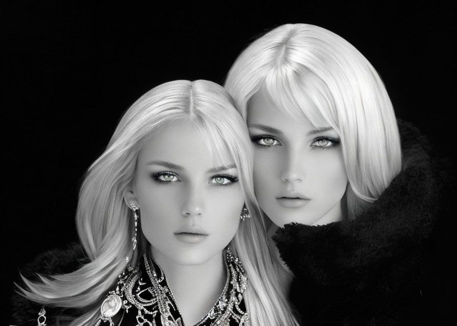 Two female models with green eyes and blonde hair showcasing elegant jewelry on black background