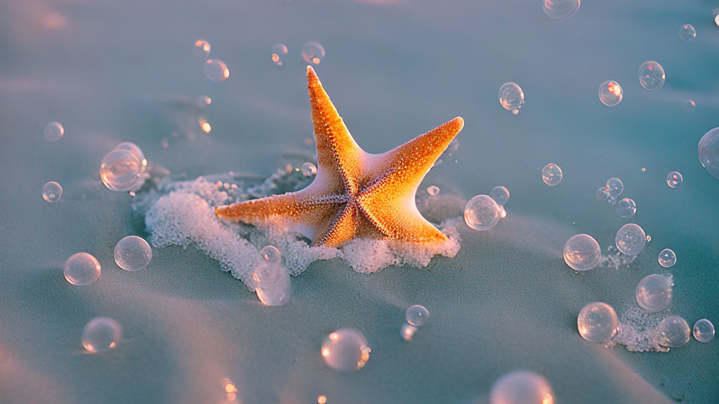 Starfish resting on sand with translucent bubbles in warm light