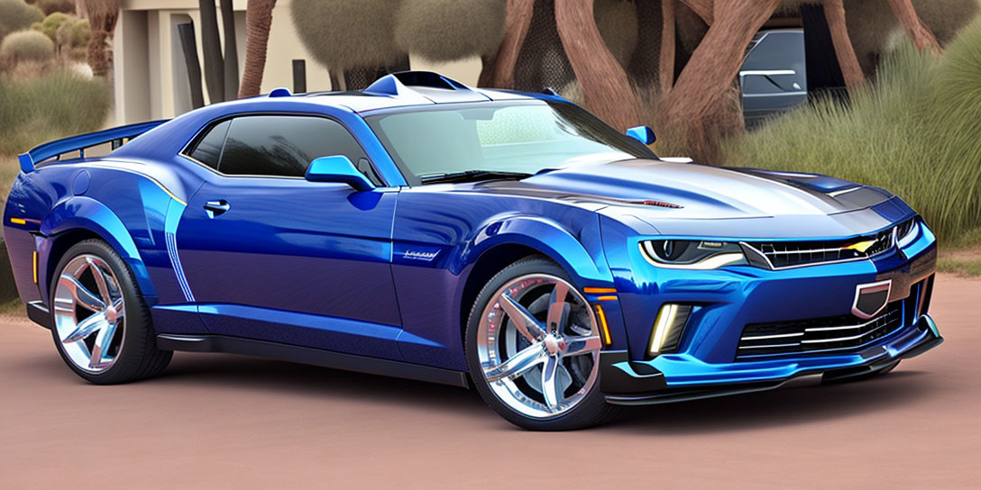 Blue Modern Muscle Car with Black Stripes and Chrome Wheels Parked in Front of Building