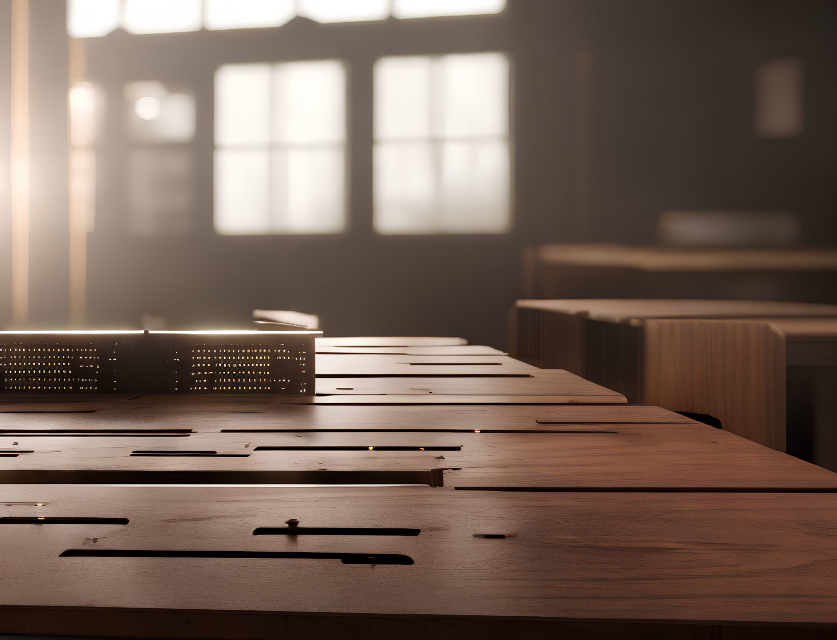 Classroom sunlight illuminates wooden desks with pencil case.