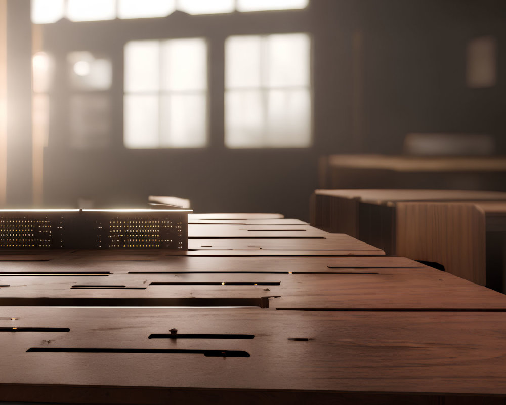 Classroom sunlight illuminates wooden desks with pencil case.