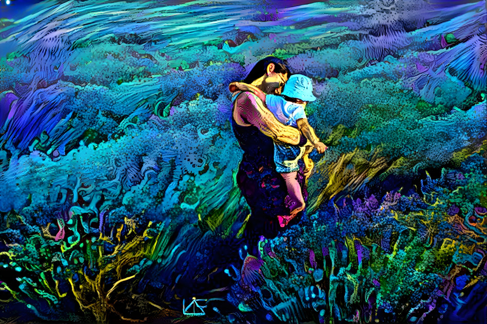 Lovley mother carries her baby in lavender field 