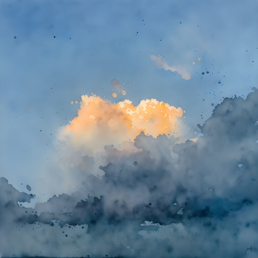 Bright cloud in abstract watercolor with dreamy ink splatters