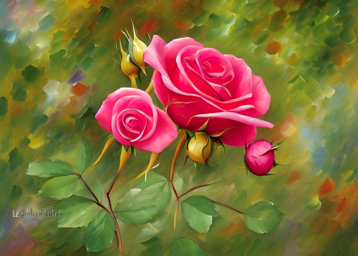 Colorful painting of blooming pink roses with green leaves on blurred background