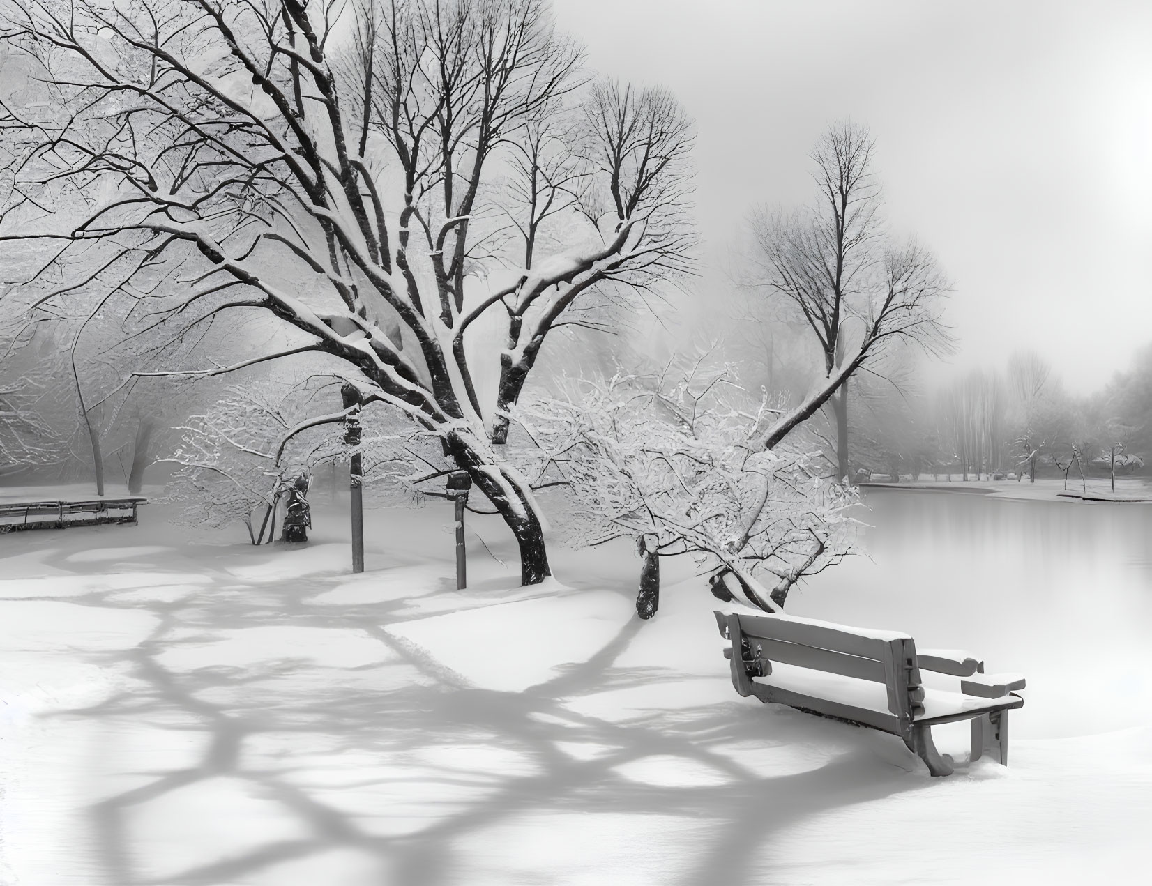 Snow-covered trees and bench in serene winter scene by frozen lake