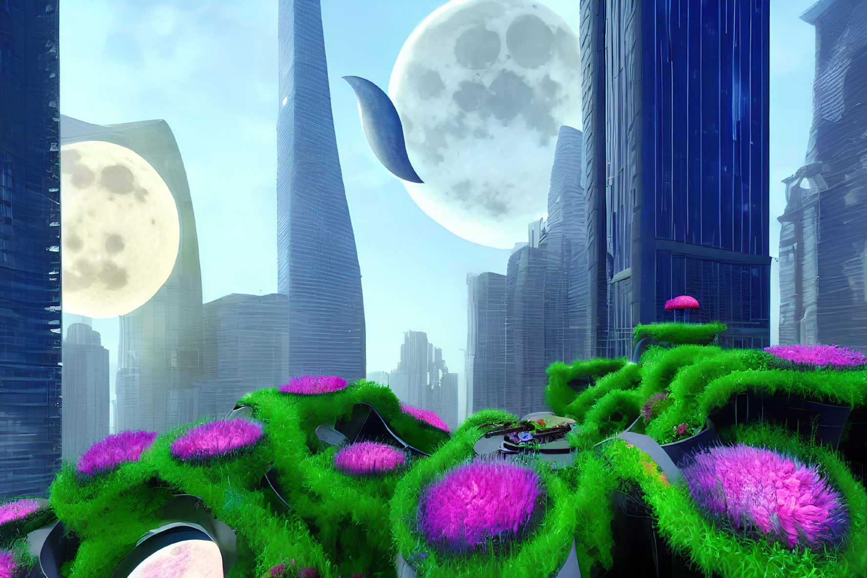 Futuristic cityscape with greenery, pink flora, skyscrapers, and multiple moons.