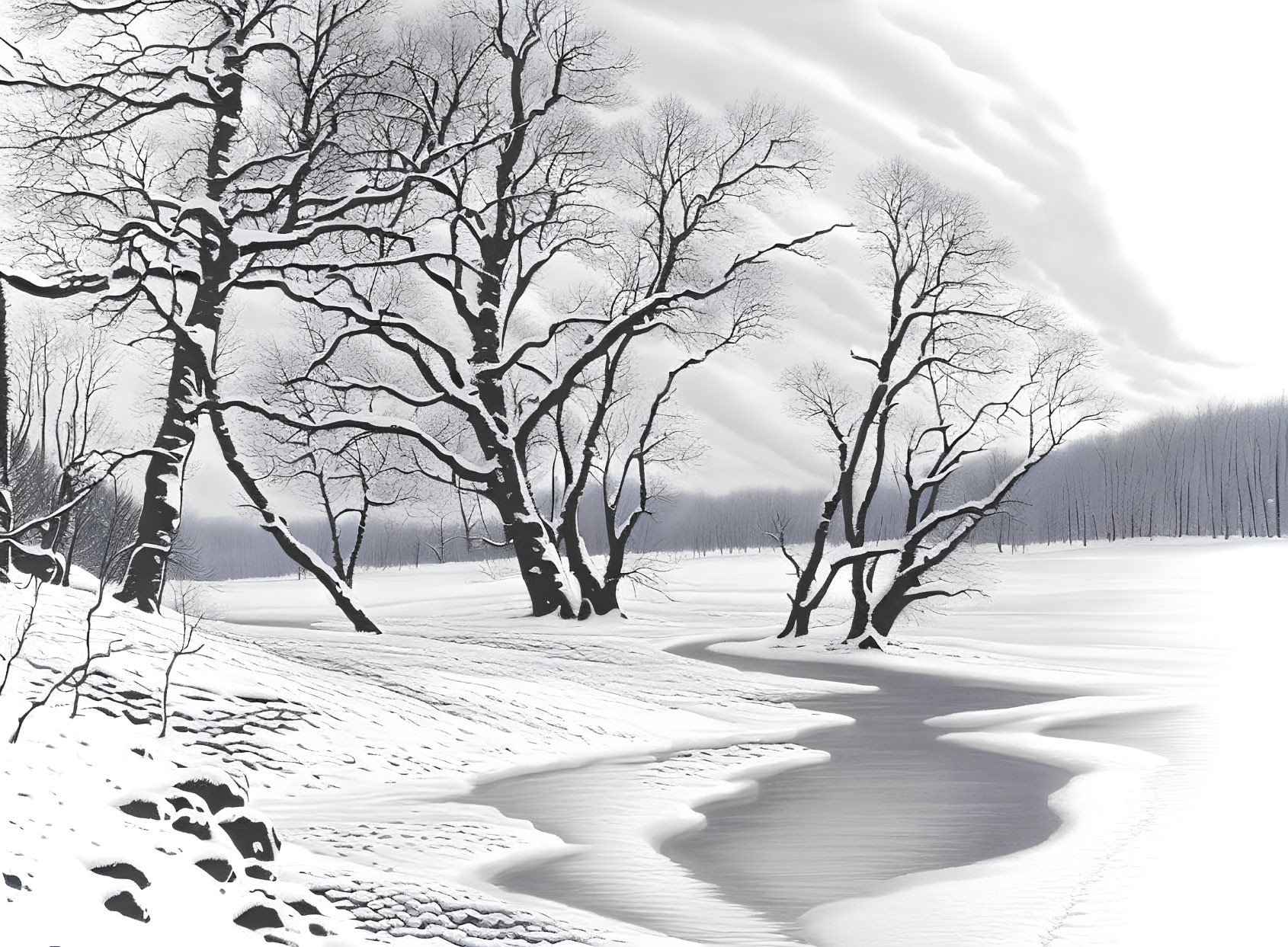 Snowy Winter Landscape with Leafless Trees and Frozen Creek