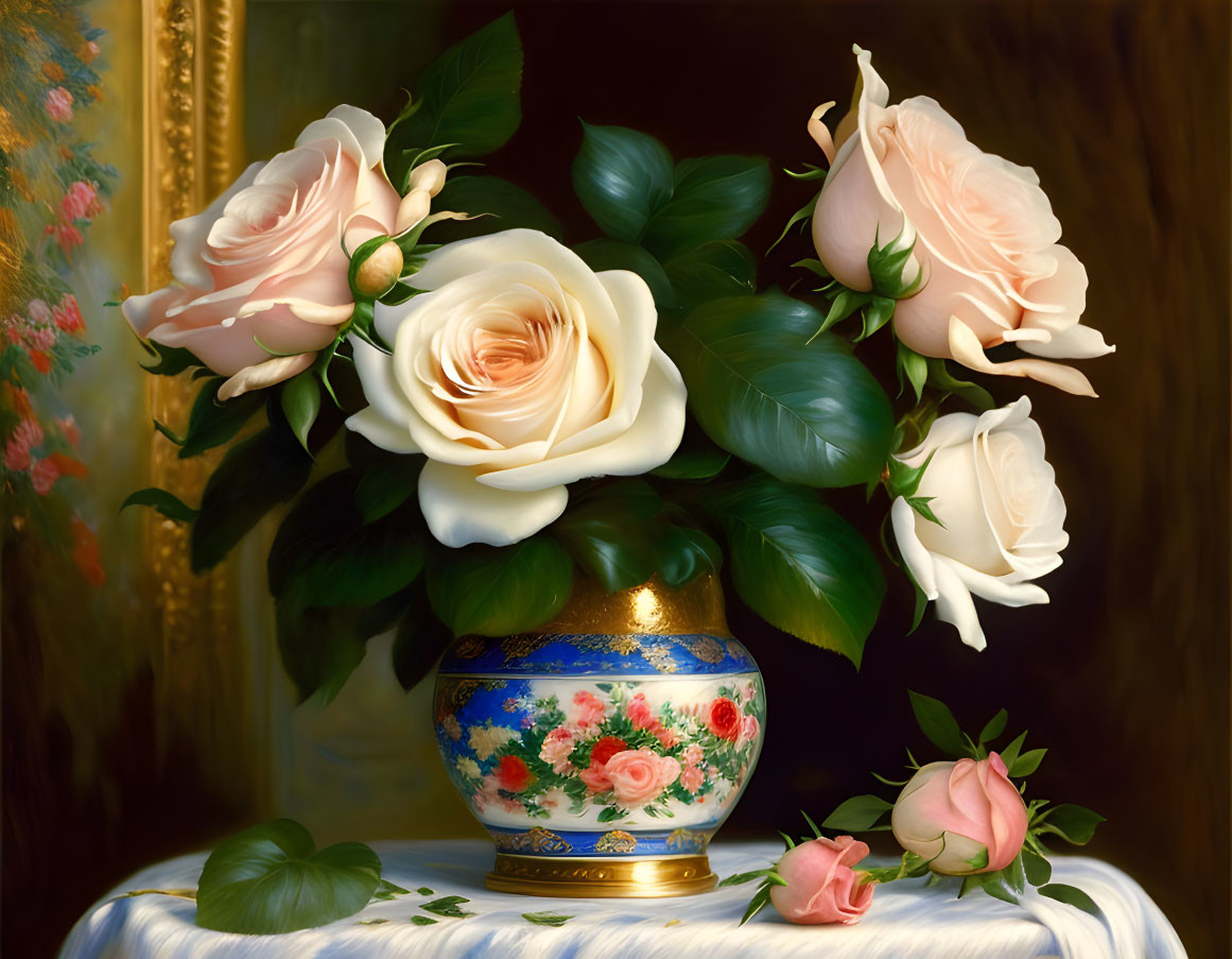 Pale pink roses in blue vase on white surface