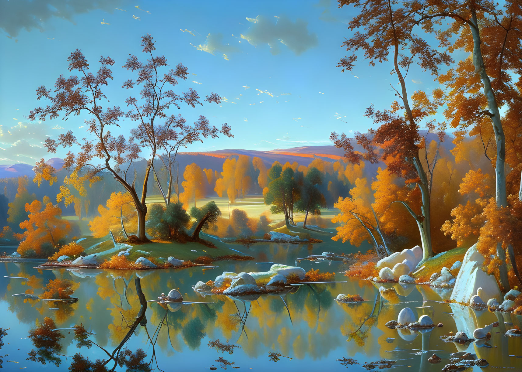 Tranquil autumn scene: golden foliage, serene lake, distant hills, blue sky