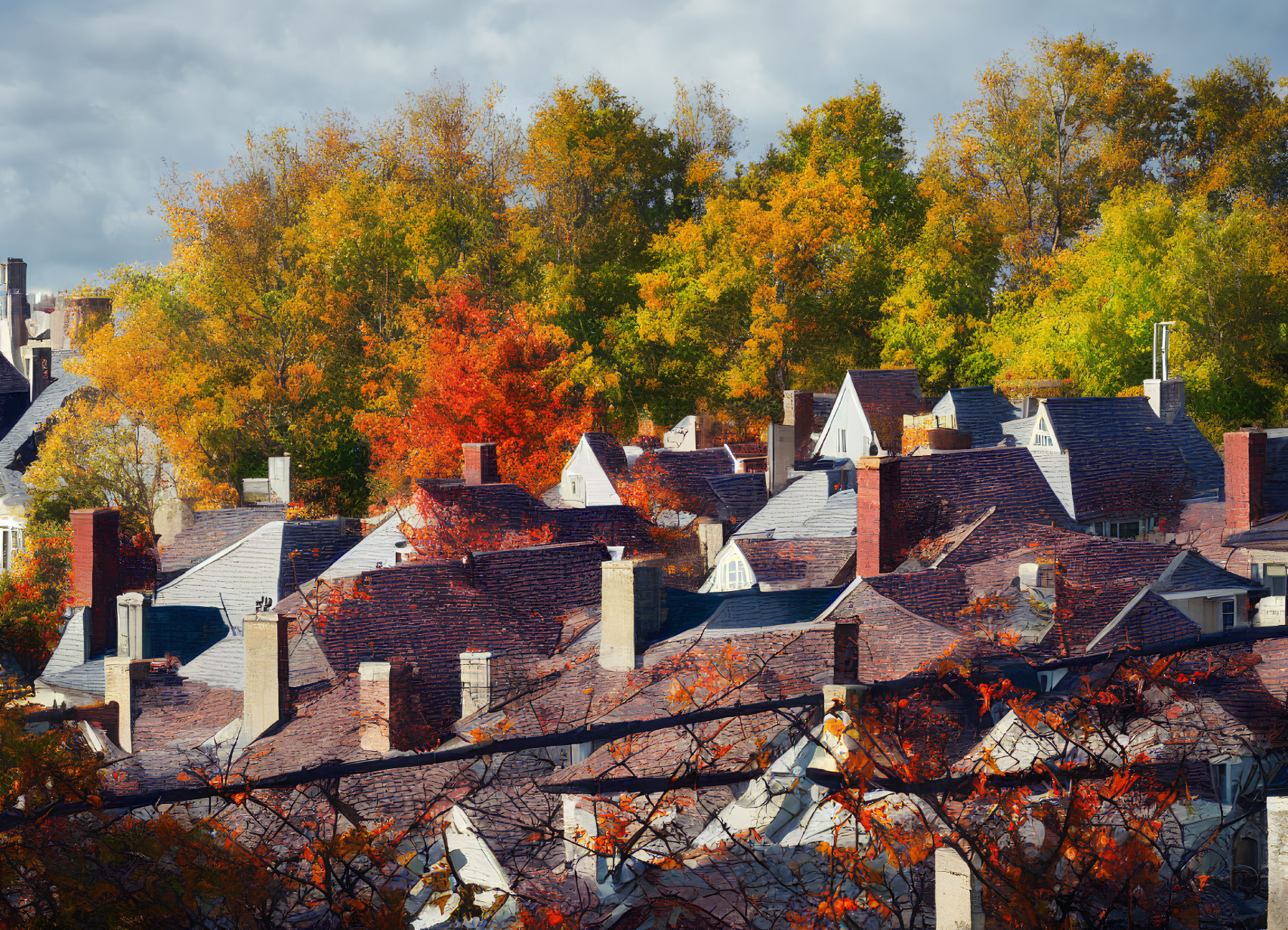 Colorful Autumn Foliage in Quaint Neighborhood Rooftop View