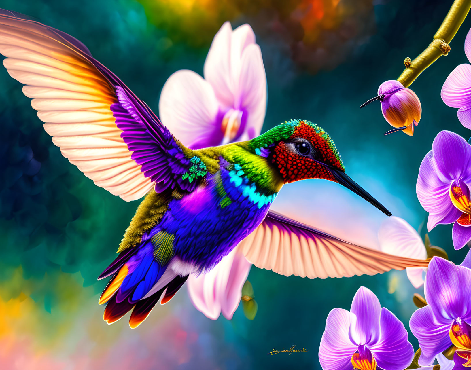 Colorful Hummingbird Flying Near Pink Orchids on Bokeh Background