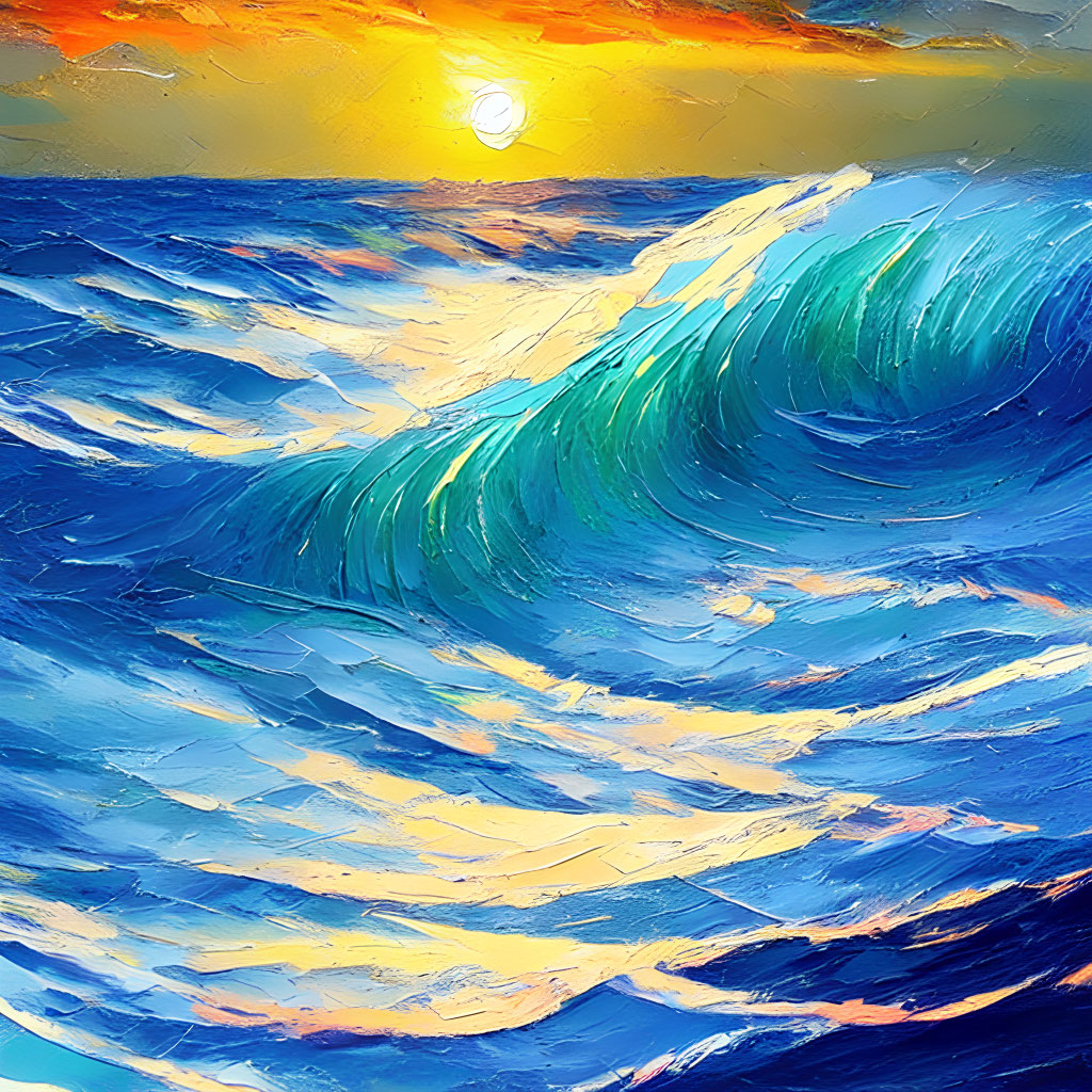 Blue Wave Painting with Textured Surface and Sunset Sky Colors