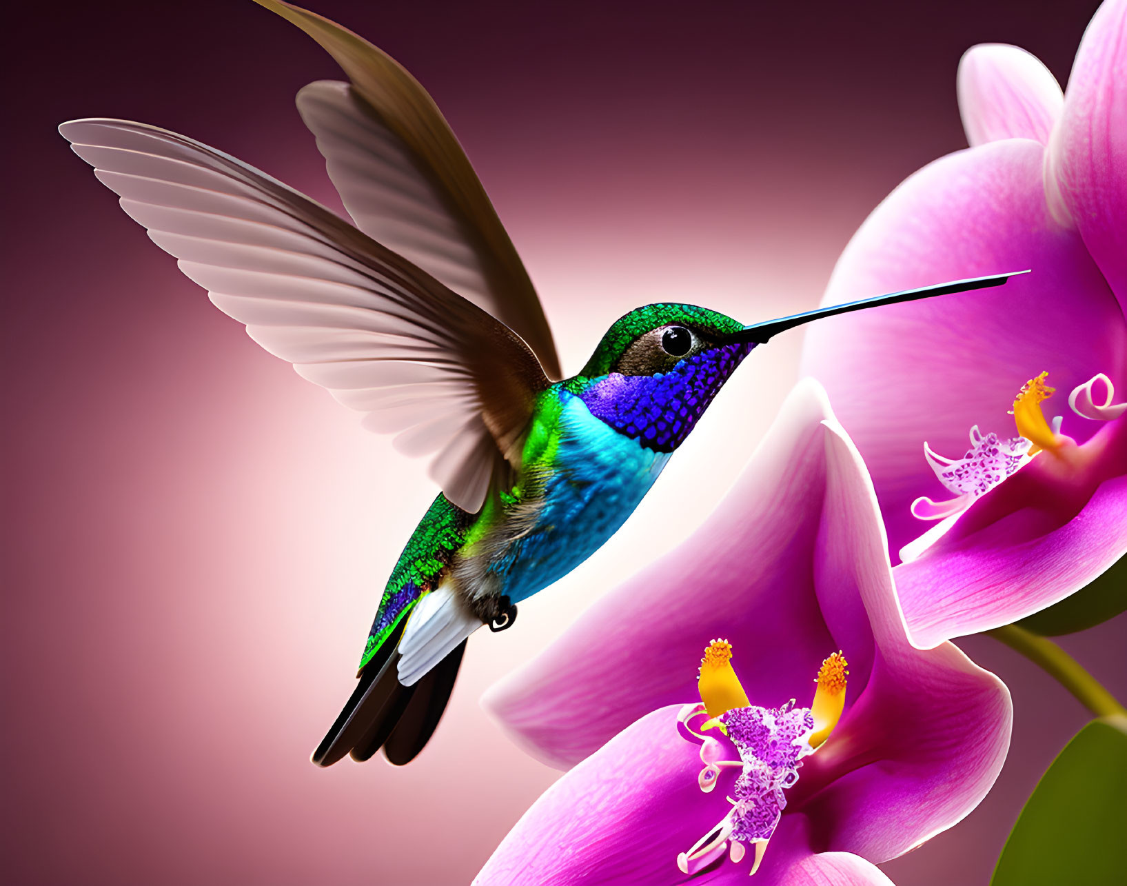 Colorful hummingbird in flight near vibrant pink orchid on soft purple background