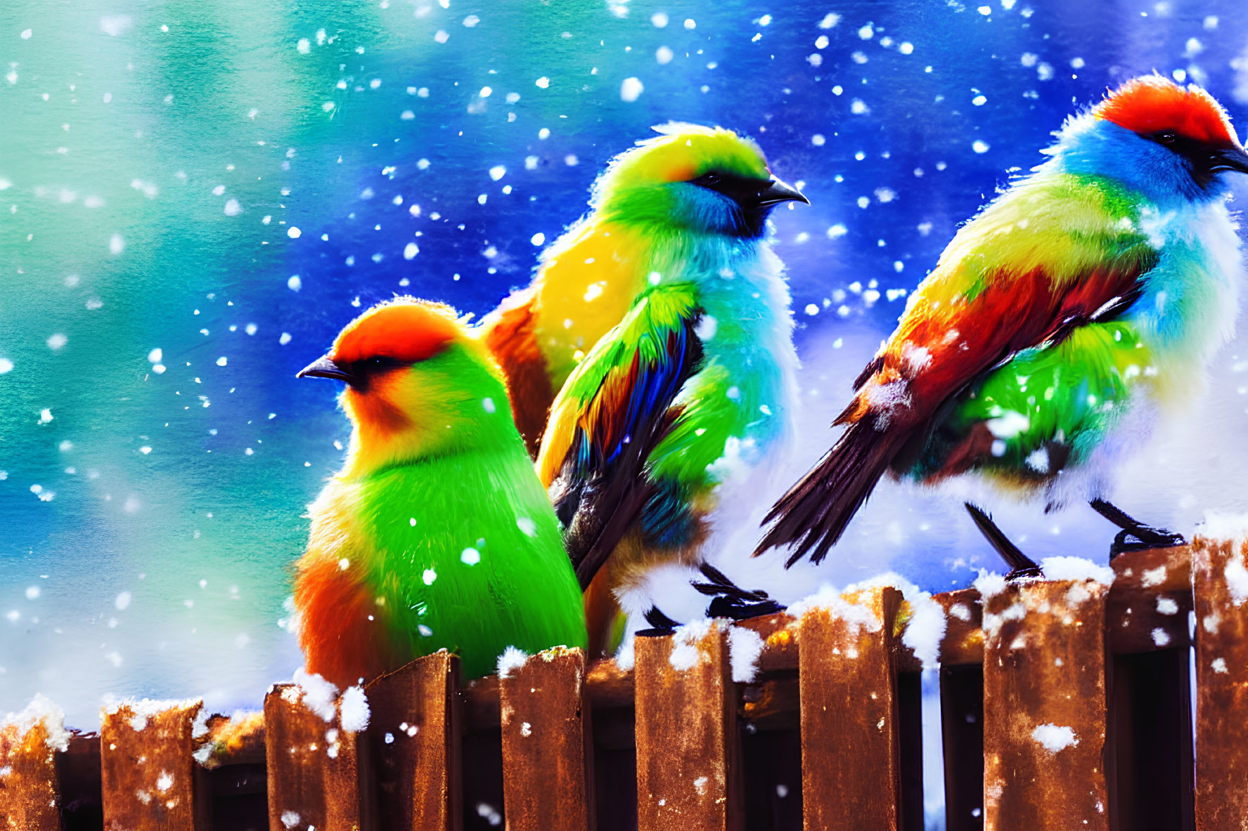 Vibrant Birds on Snowy Fence with Blue Sky