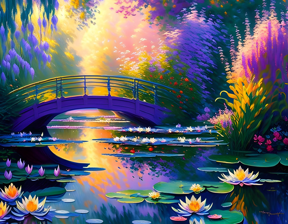 Colorful painting: wooden bridge over pond with water lilies, lush flora, purple sunset sky