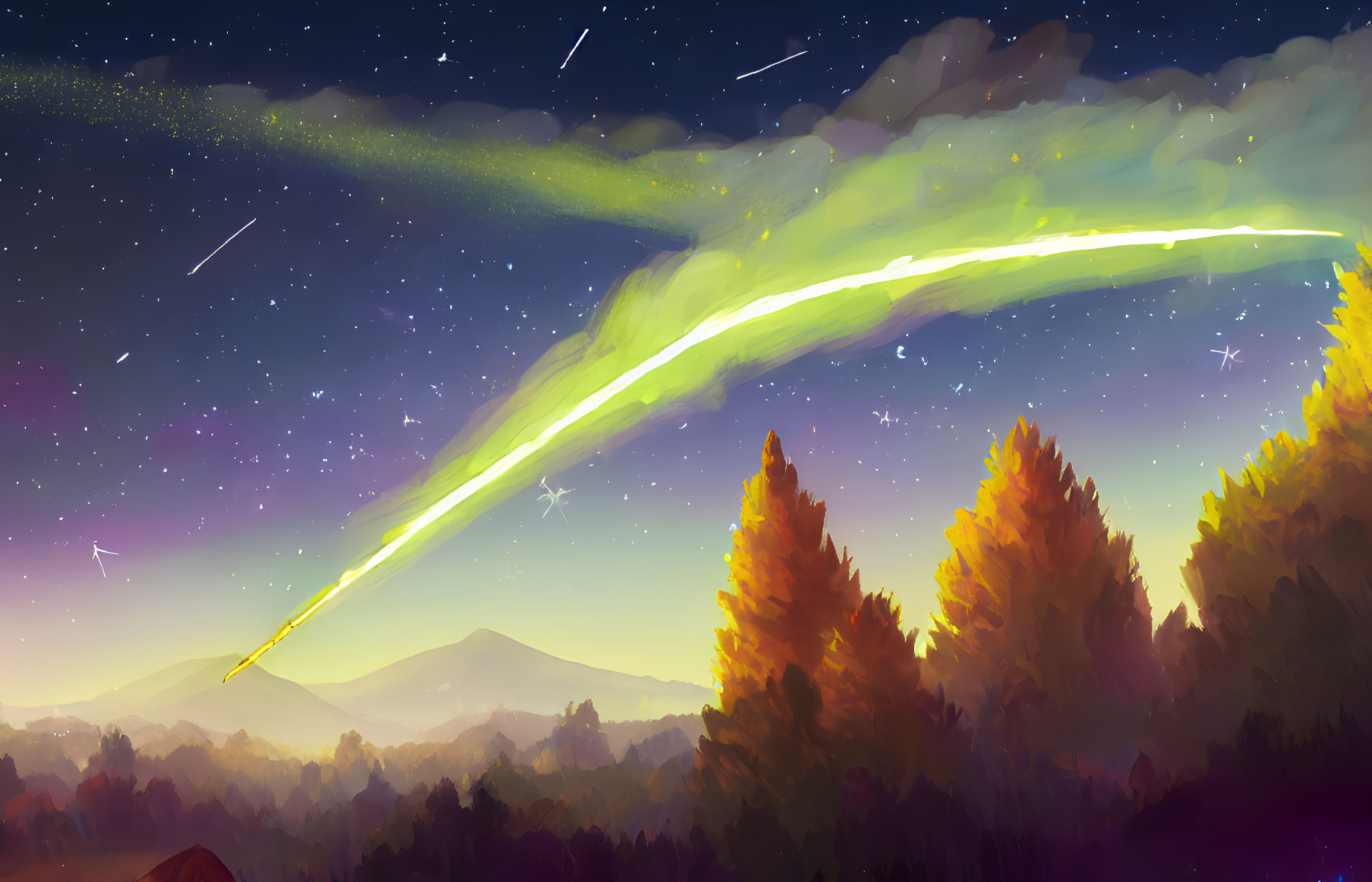 Starry Night Sky with Green Comet over Autumn Forest