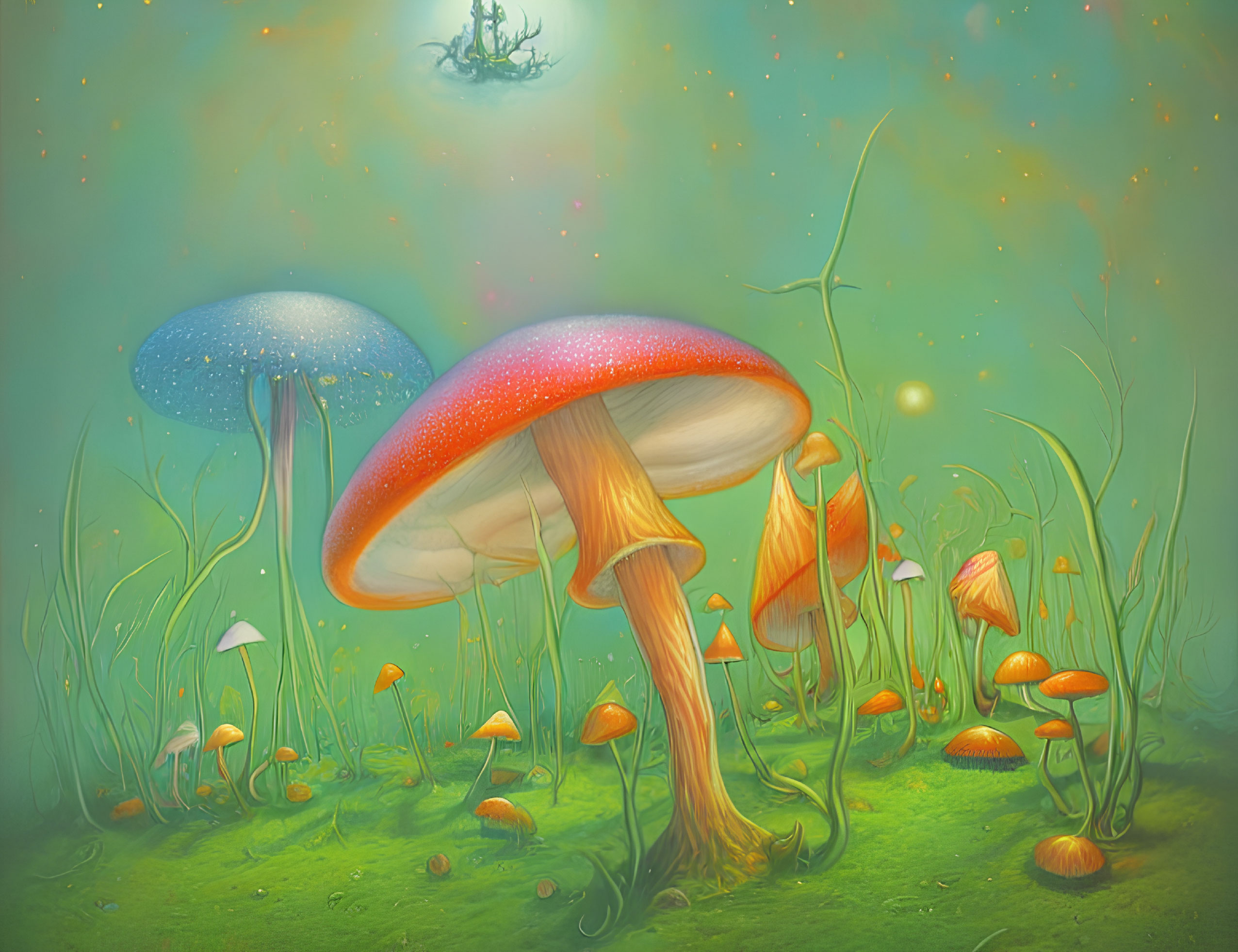 Colorful Mushroom Illustration in Enchanted Forest Setting