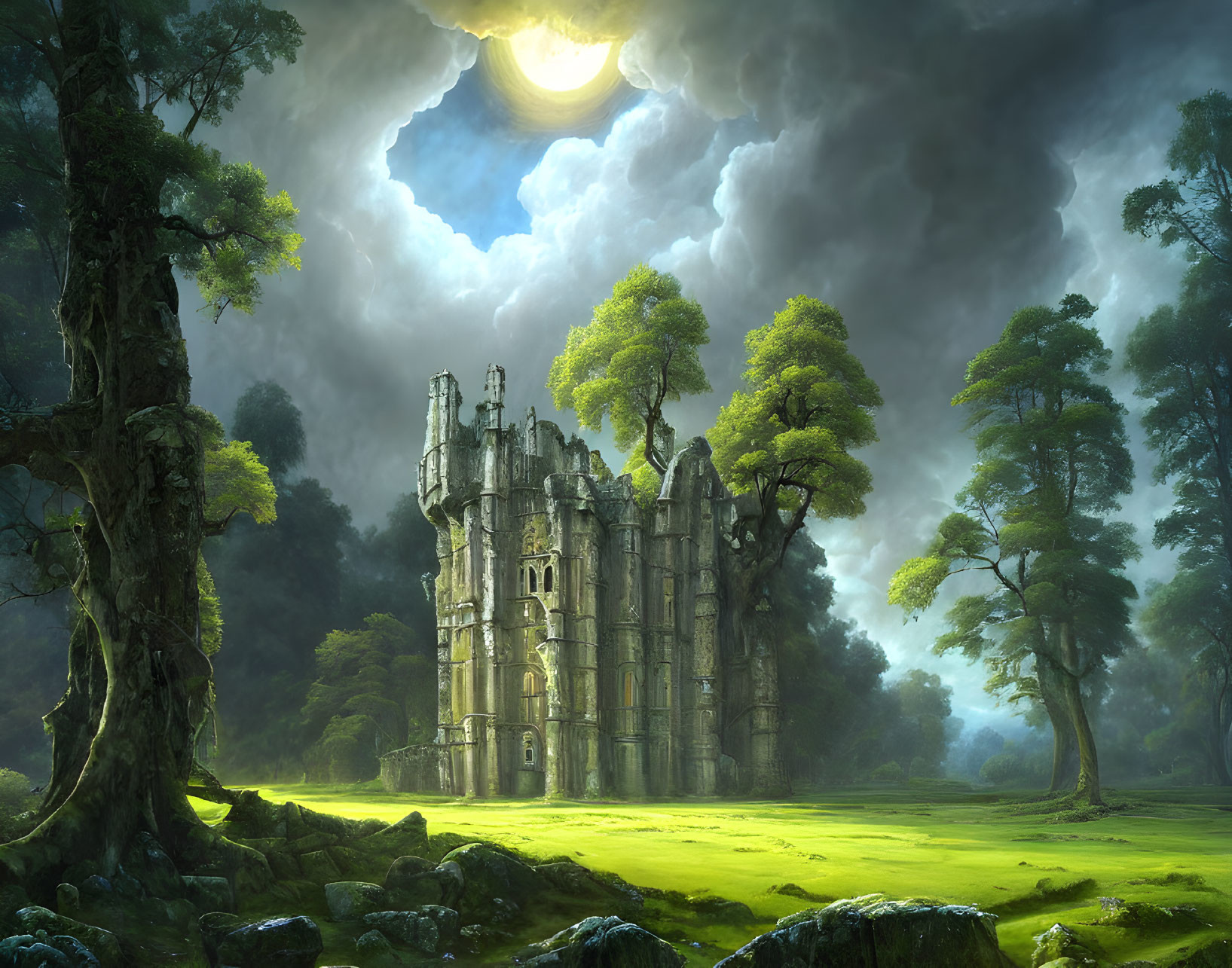 Mystical forest castle under sunlight and clouds