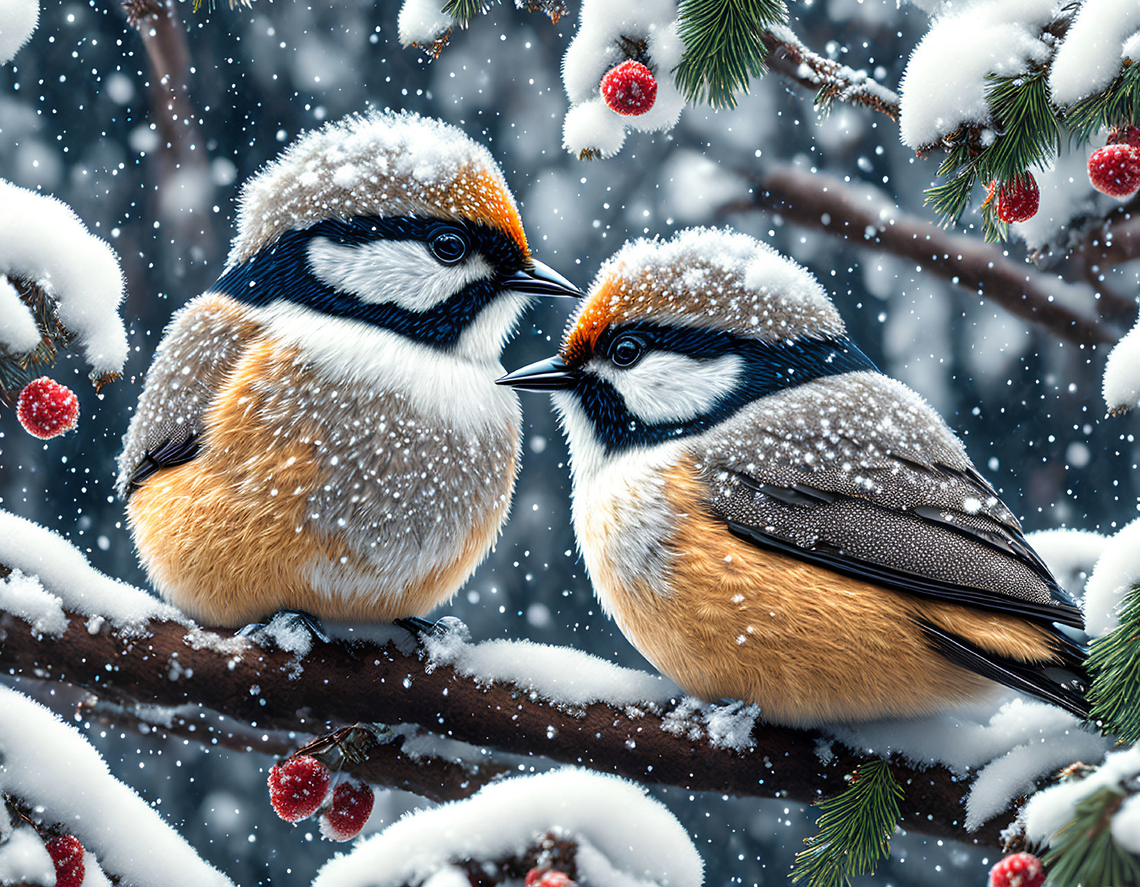 Fluffy birds on snowy branch with red berries and falling snowflakes