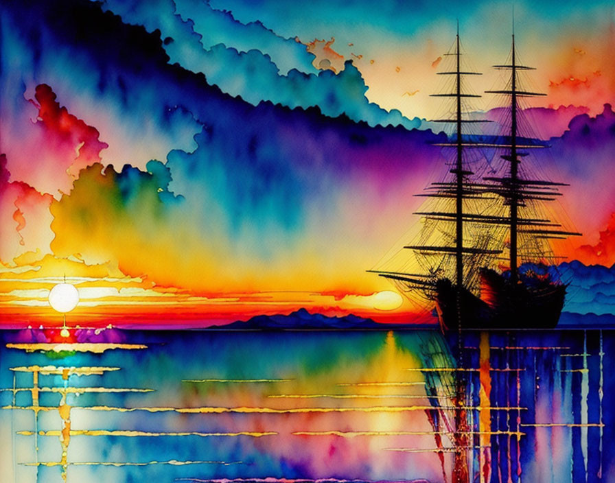 Colorful Watercolor Painting of Sailing Ship at Sunset