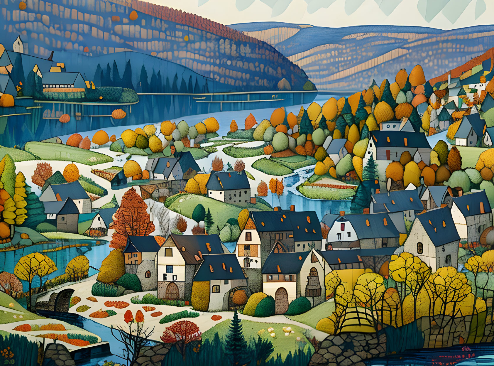 Colorful Autumn Village Scene by River and Hills