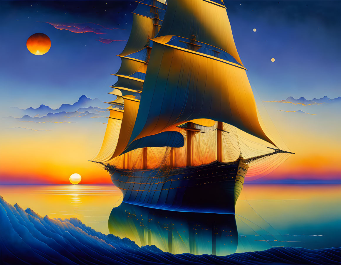 Sailboat on calm sea at sunset with vibrant sky colors and celestial elements