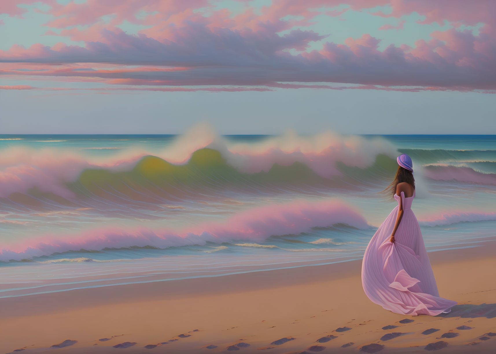 Woman in flowing pink dress on serene beach at sunset