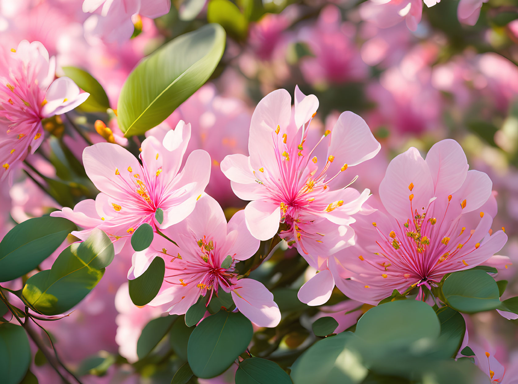 Delicate pink cherry blossoms with stamens and green leaves in sunlight