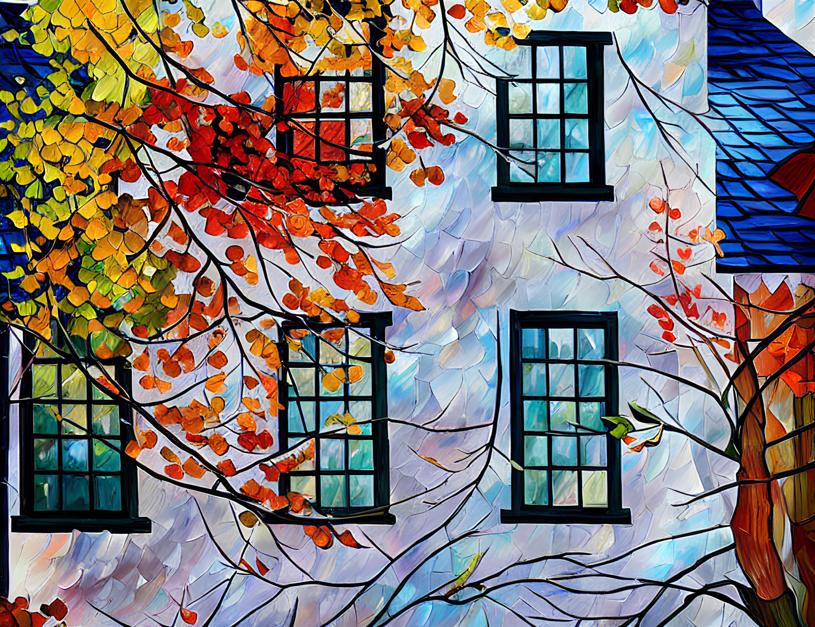 Colorful Autumn Leaves Painting with Building Section and Windows