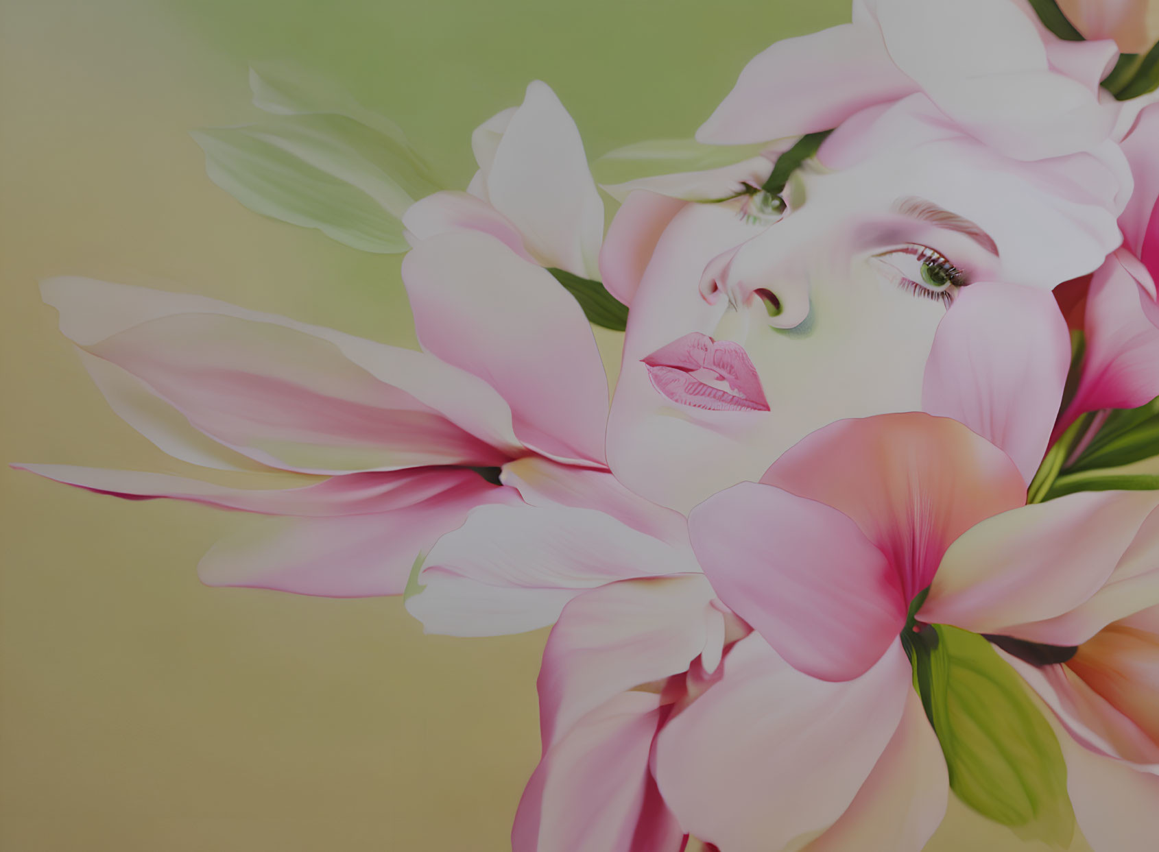 Surreal portrait: Woman's face in pink flower petals on green background