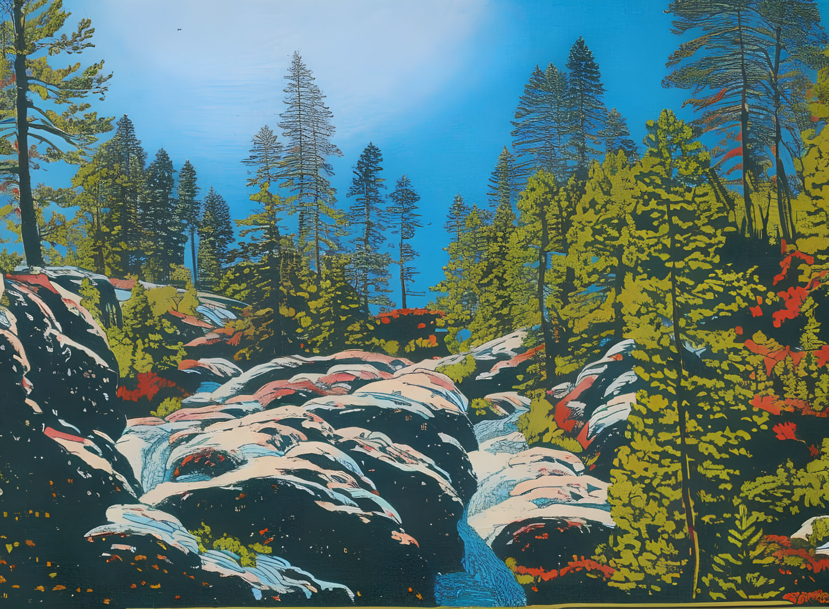 Colorful forest painting with waterfall and tall trees