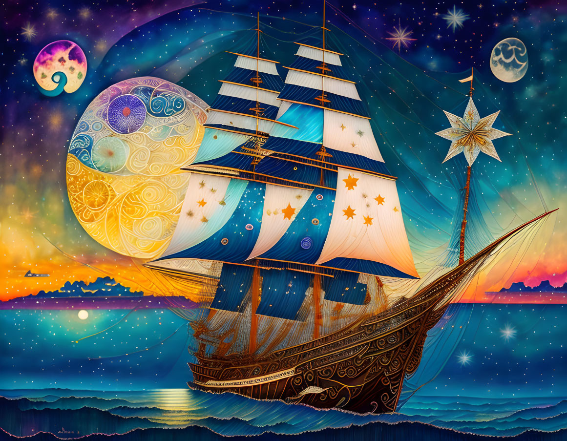 Vibrant sailing ship illustration under starry sky with compass rose